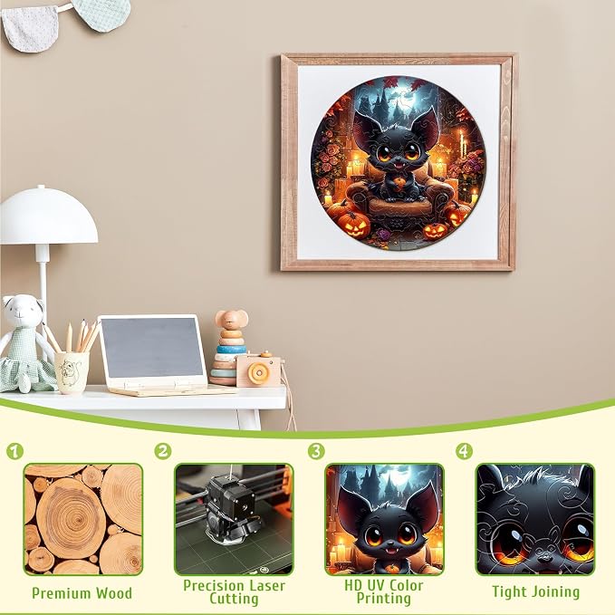 Holiday Wooden Puzzles for Kids - Halloween Black Bat | 50 Piece Puzzles for Kids Ages 4-6 - Kids Puzzle with Unique Animal Shapes - Round Puzzles for Boys and Girls (11.4 * 11.4in)