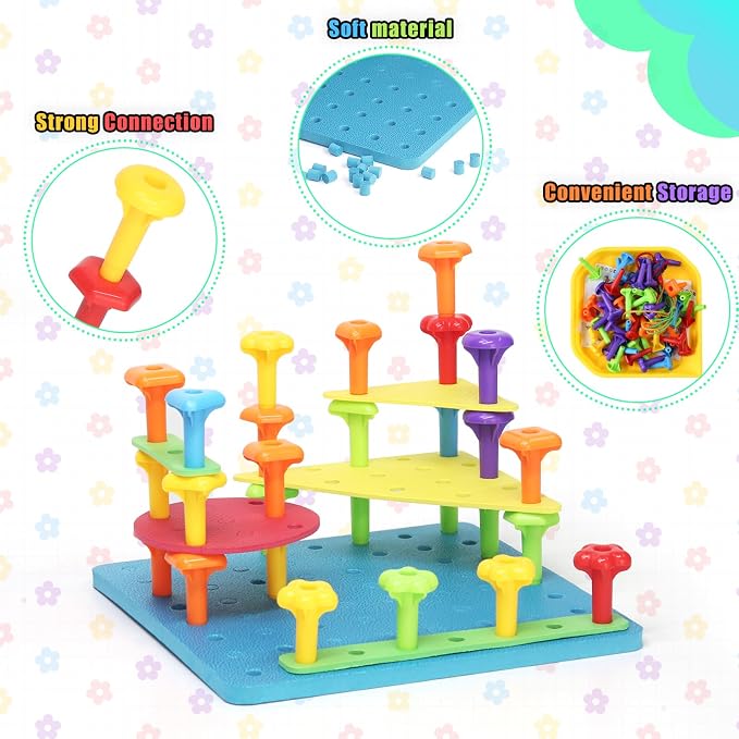 Peg Board Toy set 73Pcs DIY Building Stacking Toys for Kids 3-6 Years Old,STEM Educational Kids Toy for Brain Development,Montessori Sensory Toys,Upgrade Various Foam Board Plastic Lacing String Game