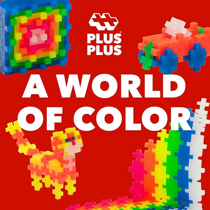 PLUS PLUS 240 Piece Neon Mix Tube & Baseplate - Waffle Blocks Stem Toy | Sensory Bin Fillers, Gifts for Boys & Girls, Classroom Must Haves, Christmas Stocking Stuffers for Kids, Math Manipulatives