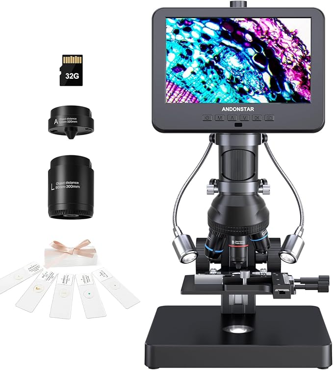 Andonstar AD266S 20X-5000X HDMI Digital Microscope, 5 Lens 2160P UHD Video | 7'' LCD IPS Screen, Metal Biological Stand, X-Y Moveable Stage, Home Lab Microscope Kit with Slides, Coin Full View