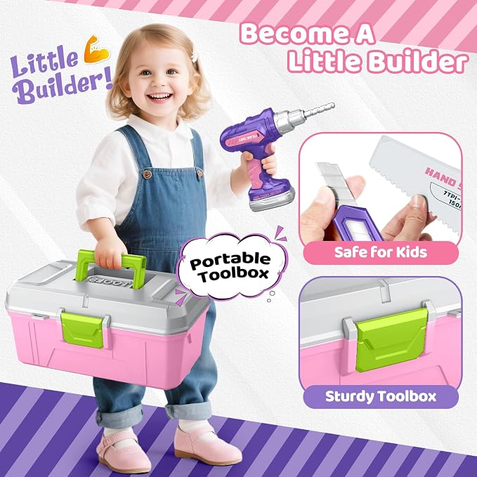 Kids Tool Set, Toddler Tool Box, Toy Drill, Construction Toys for Ages 3-5 | 46 Pcs Kids Toy Tools Kits for Toddlers Pretend Role Play, Christmas Birthday Gifts for Boys Girls Ages 3 4 5 6 7 8, Pink