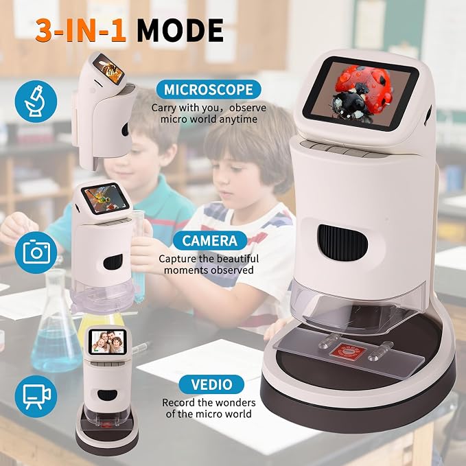 Microscope for Kids,1000X Magnification.Digital Microscope with 1080p 2" HD Screen,Photo & Video Recording,USB Rechargeable.Microscope for Kids 8-12