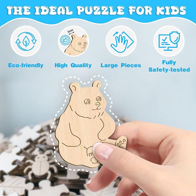 Animal Wooden Puzzles for Kids - Bear with Blooms | 50 Piece Puzzles for Kids Ages 6-8, Kids Puzzles with Unique Animal Shapes, Round Gift for Girls and Boys (11.4 * 11.4 in)