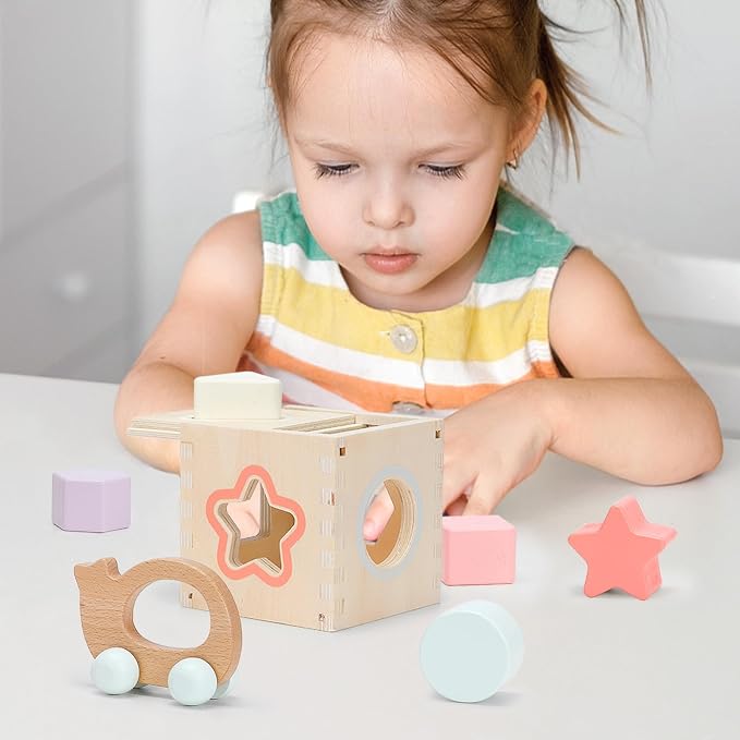 Pillowhale Montessori Wooden Toys Set for Toddlers 12M+ 4-in-1 Educational Toy with Stacking Rings, Shape Sorter, Bead Maze & Baby Car
