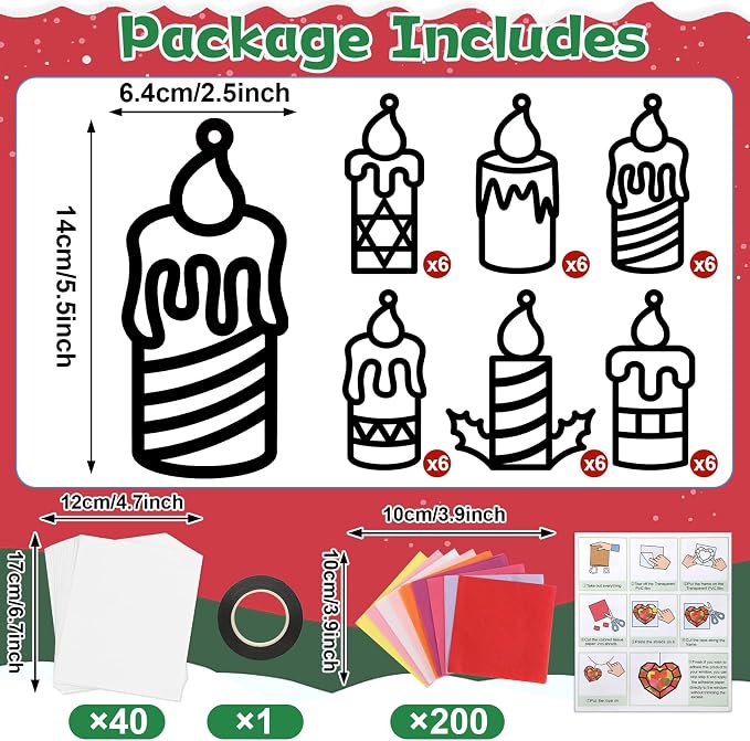 Qyeahkj 36 Set Winter Christmas Candle Suncatchers Crafts Kit Xmas Religion DIY Colorful Window Tissue Paper Craft Christian Holiday Hanging Ornaments Window Art Decor for Christmas Winter Home Gift