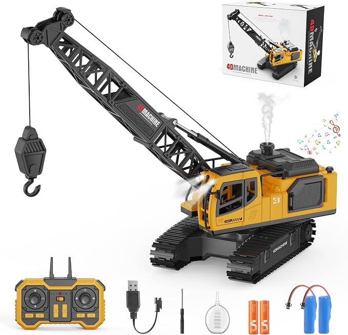 Remote Control Crane Toy for Boys, 2.4GHz RC Crawler Crane with Metal Hook & 2x1200mAh Batteries, 1:18 12-Ch RC Construction Vehicle with Lights, Sound,Spray, Birthday Gift for Kids Ages 3-12
