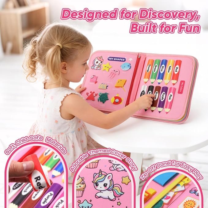 Unicorn Busy Book for Toddlers Ages 1-3, Educational Montessori Toys | 8-in-1 Educational Activity Board Sensory Travel Toy