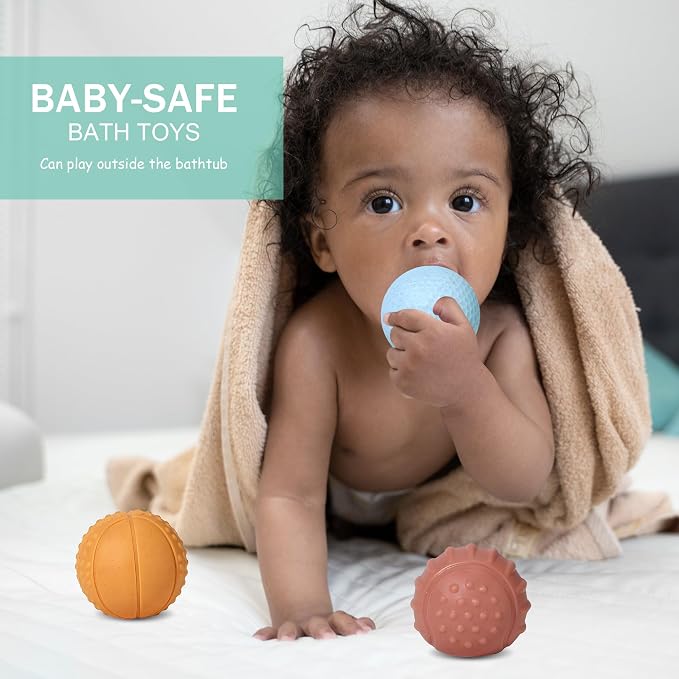 Bath Toys, Soft Sport Sensory Balls for Toddlers Boys Girls No Hole Wheat Straw Soft Montessori Toys for Babies 6 Months+, Swimming Pool Beach Shower Baby Toys
