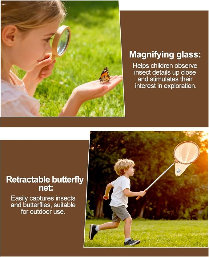 Wooden Bug Catcher Kit for Kids Ages 3-8, Outdoor Explorer Set | Bug Habitat • Magnifying Glass • Butterfly Net • Catch & Release • Nature Discovery