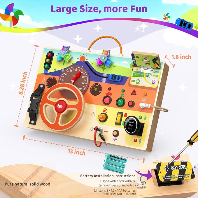UdoUto Montessori Wooden Busy Board with Steering Wheel & Driving Toys | Sensory Activity Boards for Toddlers 1-3, Car Themed Fidget Toy, Lights, Switches & Windmill Spinner