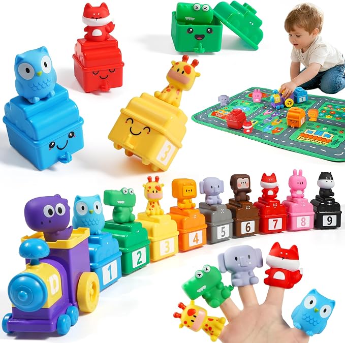 URMYWO Learning Toys for 1 2 3 Years Old Boy Girl, Montessori Toddler Toys | Train Set with 10 Finger Puppets & Play Mat, Counting Matching & Sorting, Toddler Birthday Gift