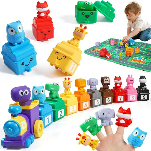 URMYWO Learning Toys for 1 2 3 Years Old Boy Girl, Montessori Toddler Toys | Train Set with 10 Finger Puppets & Play Mat, Counting Matching & Sorting, Toddler Birthday Gift