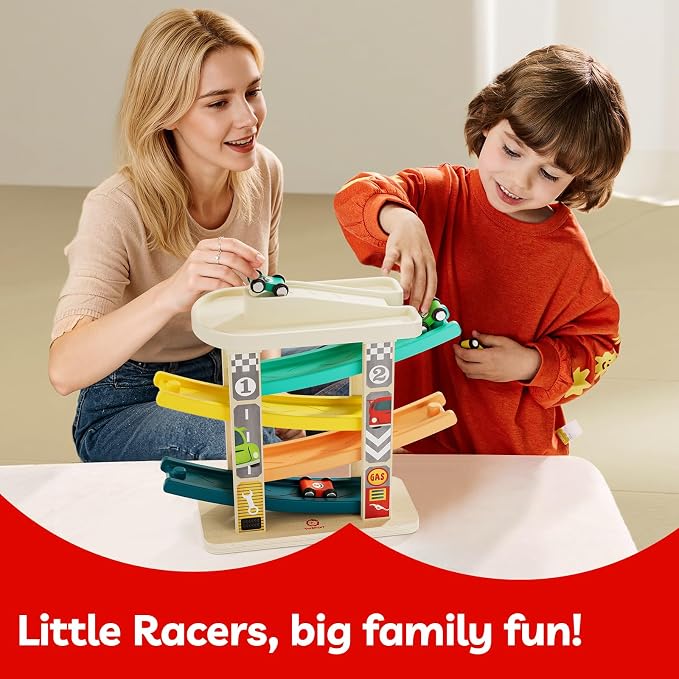 TOP BRIGHT Toddler Toys for 2 Year Old Boy, Wooden Car Ramp Race Track Set | Car Toys for Toddlers 1-3 with Cars and a Garage, Montessori Toys for 12 Year Old Boy Girl,Birthday Gift for Age 18+ Month