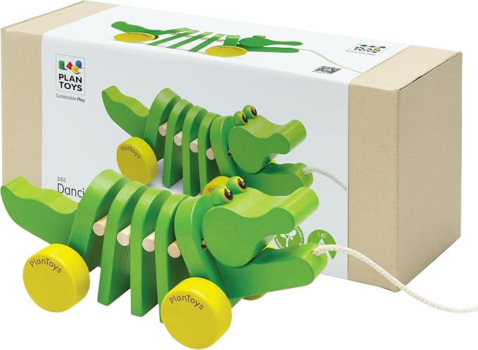 PlanToys® Dancing Alligator Pull Toy for Toddlers | Eco-Friendly Wood Toy with Click-Clack Sound | Walking Toy for Babies | sound motion, toddler pull toys, animal design, girls, boys, gross motor cause & effect early learning gift for kids idea