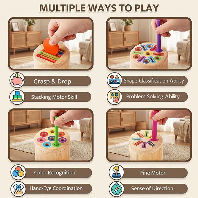 Wooden Montessori Toys for 1, 2,3 Year Old: 4 in 1 Fine Motor Skills, Learning Color Matching Sorting Sensory - Easter Basket Stuffer for Toddler Boy Girls - 18 Month
