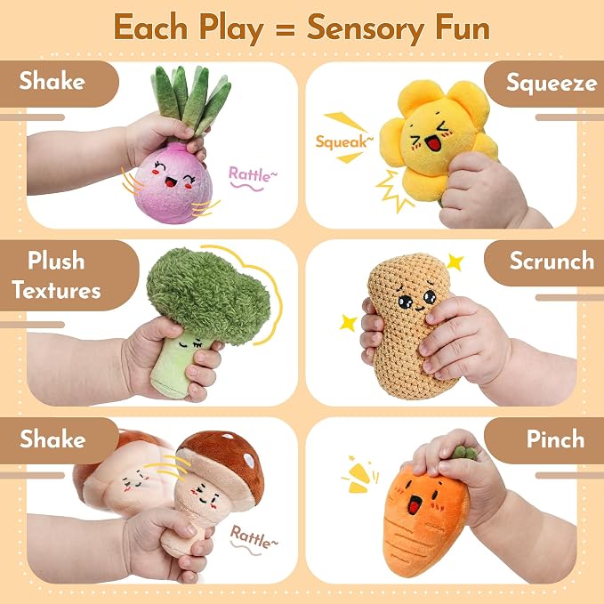 Baby Toys 6-12 Months, Farm Vegetable Garden Plush Toy with Animal Finger Puppets, 6 Month Old Montessori Sensory Toys with Rattles, Squeaker, Textures, Teether, Birthday Boy Girl Gifts