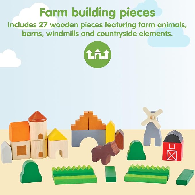 PlanToys® Country Blocks Wooden Montessori Building Imaginative Kids Play | shapes, houses, construction toys, sorting & stacking toys, girls, boys, spatial STEM fine motor creative gift set preschool