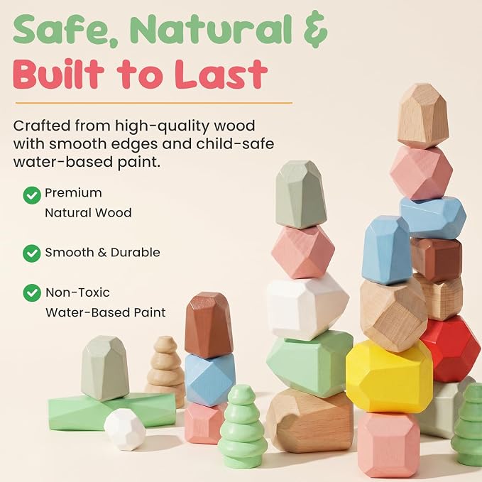 WOODENFUN Wooden Stacking Rocks Stones Building Blocks Sensory Toddler Toys | 36Pcs Montessori Toy Preschool Learning Activities Balancing Stacking Game, Birthday Gifts for Kids 3-5 Year Old