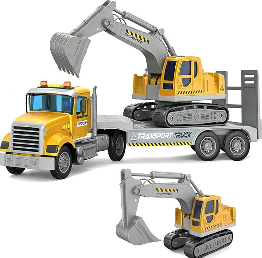 DOWELLIN Excavator Transports Trucks Kids Toys, 22" Large Semi Trucks Toy Carrier and Excavator Truck with Sound&Light,Friction Cars Toys Gifts for 3 4 5 6 7 8 Year Olds Kids Child-Yellow