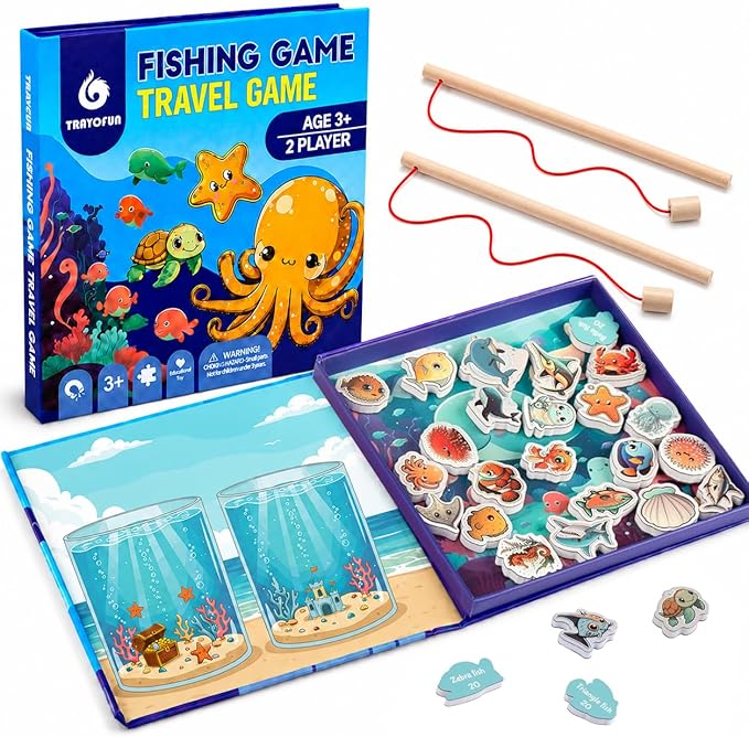 TRAVOFUN Magnetic Fishing Game | Travel Toys for Toddlers 3-5 | Magnetic fishing game with 2 poles and 27 ocean pieces for car rides, airplane activities, long flights, and quiet play.
