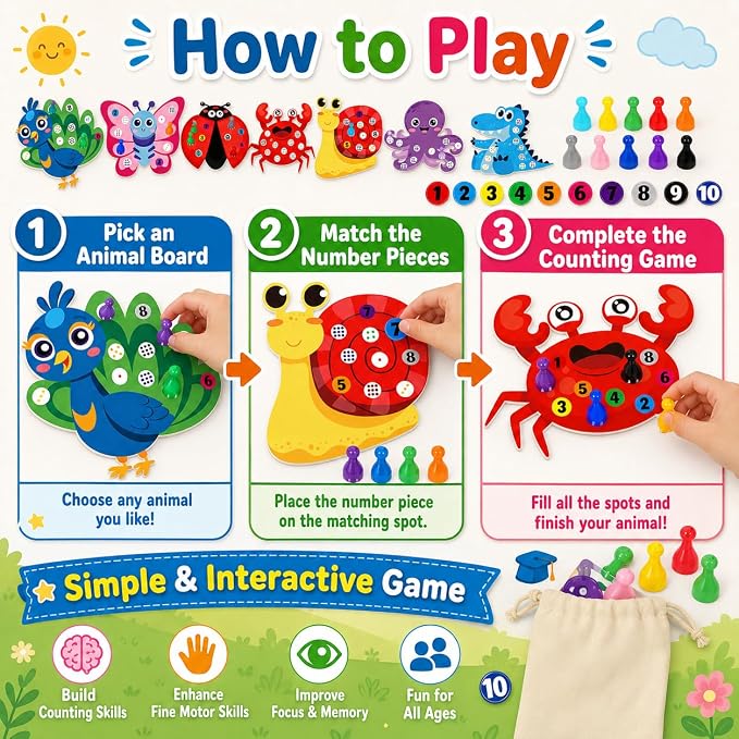 Cinrobiye Animal Counting Game for Kids, Number Matching Game 1-10 with Cute Animal Boards, Fun Educational Activity Games Set for Family Play, Party & Classroom Use