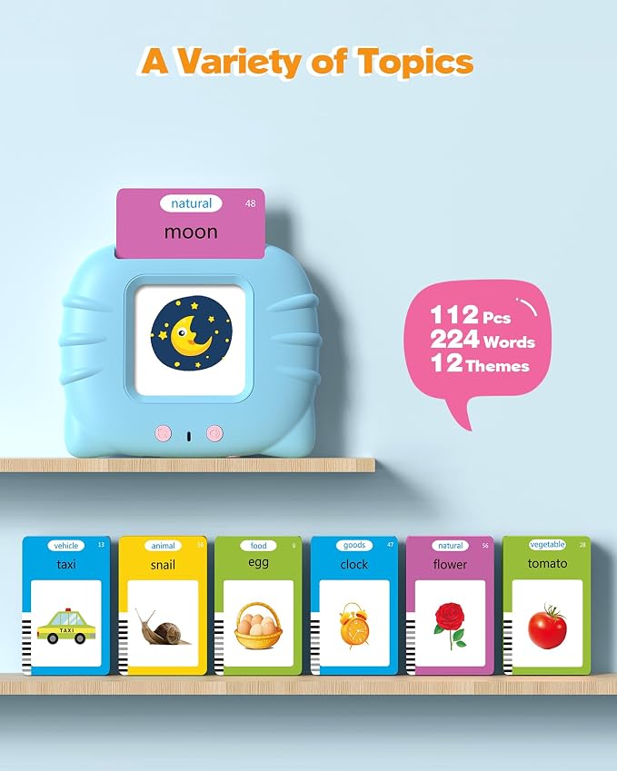 Airbition Talking Flash Cards for Toddlers Ages 1‑4,224 Words English Blue | Montessori Language Learning Toys with 224 Words, Pocket Speech Therapy Toys, Sensory Learning Kit, Educational Toys for Kids