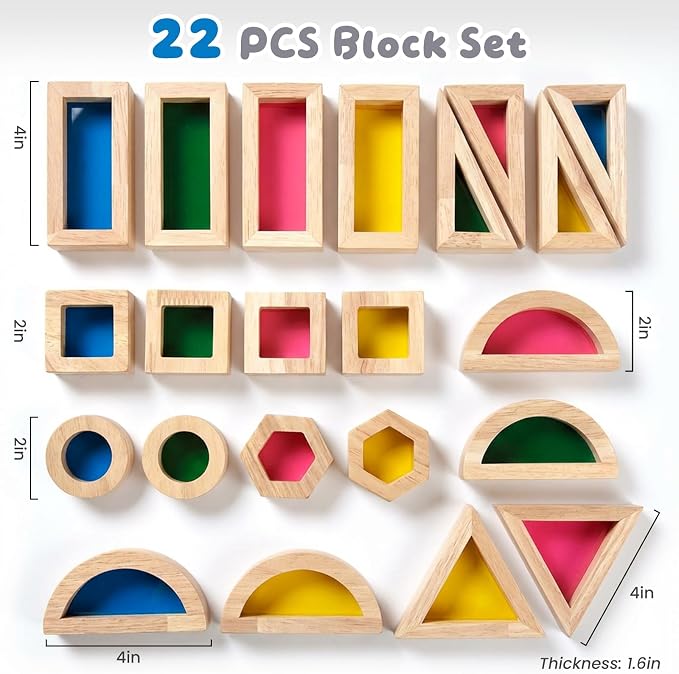 WOODENFUN Wooden Building Blocks Set for Kids, 22 Pcs Rainbow Stacker Game | Stacking Construction Toys Set Preschool Colorful Learning Educational Toys, Geometry Blocks for Boys Girls Birthday Gift