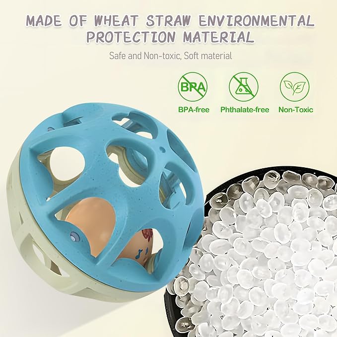 Baby Rattle, Soft Teething Montessori Sensory Toy for 3-6M | BPA-Free Wheat Straw, Open-Hole Grip, Rattle Sound, Teething Play, Fine Motor Skills, 3-6 Month Christmas Gifts