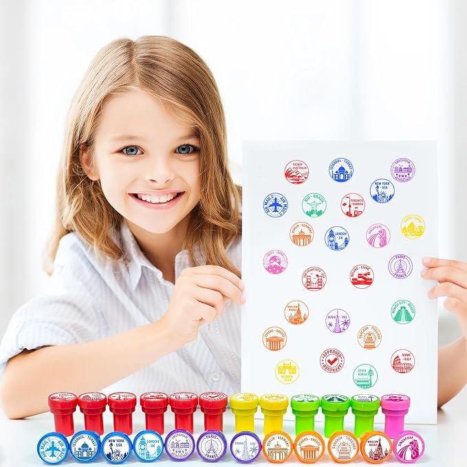 Cinrobiye 24 Pcs Adventure Travel Stampers Party Favor Set, Fun Bon Voyage Travel Stamps for Kids Birthday Party, Classroom Rewards, Carnival Prizes, Goody Bag Fillers, Travel Themed Party Supplies