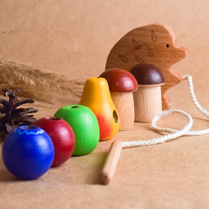Wooden Lacing Toy Hedgehog, Montessori Baby Materials Educational Learning for Kids, Children Early Development, Unique Handmade First Birthday Gift for Boys and Girls
