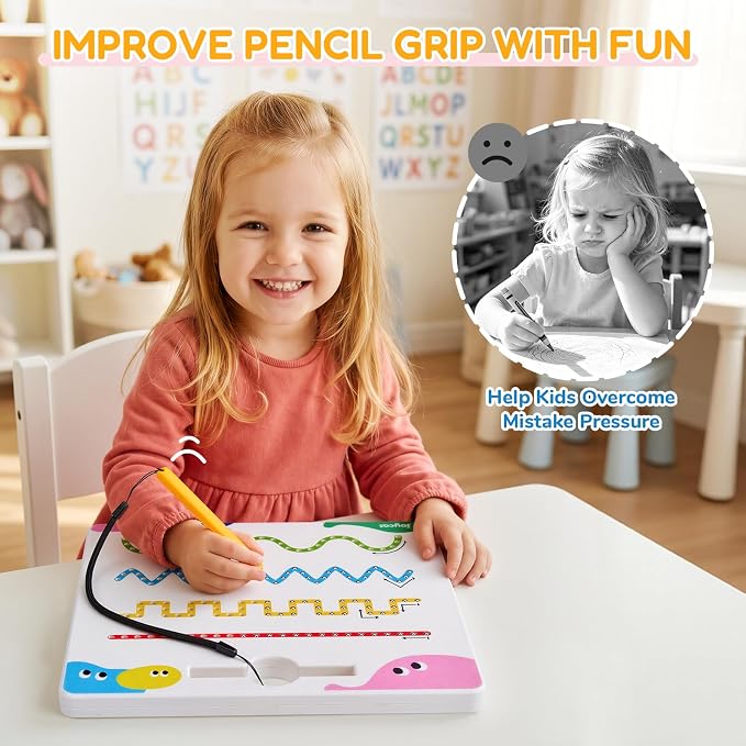 JoyCat Magnetic Shapes and Lines Tracing Board, 2-in-1 Pencil Control Toy | Double-sided fine motor toy for toddlers and kids supports preschool learning; road trip car activities and birthday gifts.