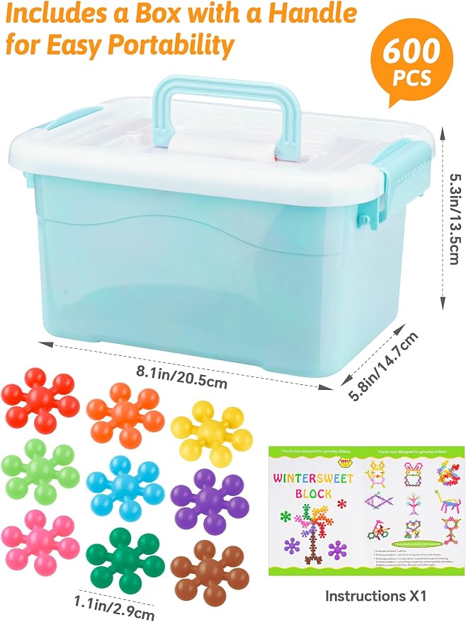 600PCS Building Blocks STEM Construction Toy for Kids 3+, Multi-Color | Interlocking Snowflake Discs in BPA-Free Plastic with Storage Case – Boosts Fine Motor Skills & Creative Play