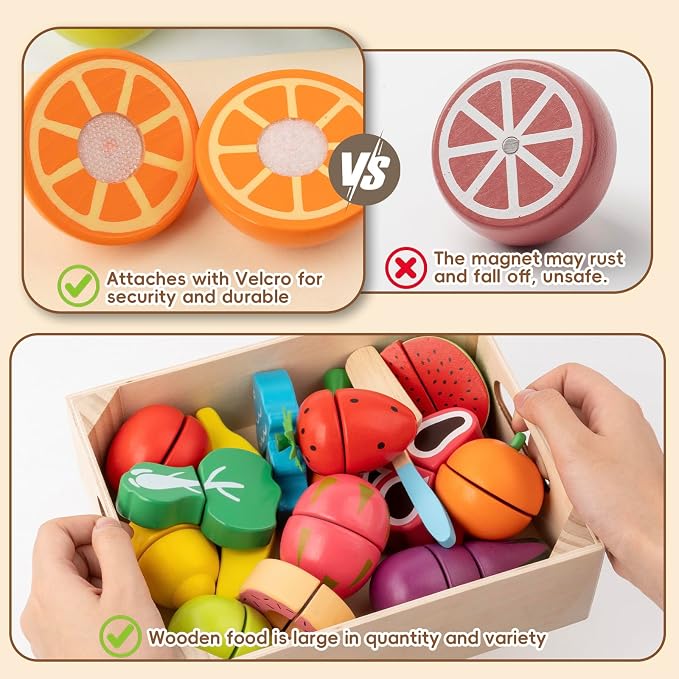 34Pcs Wooden Play Food for Toddlers - Toy Food with Velcro Fruit & Veggies | Play Food Sets for Kids Kitchen Accessories with Basket Chopping Board, Cutting Fruit Set for Ages 3+