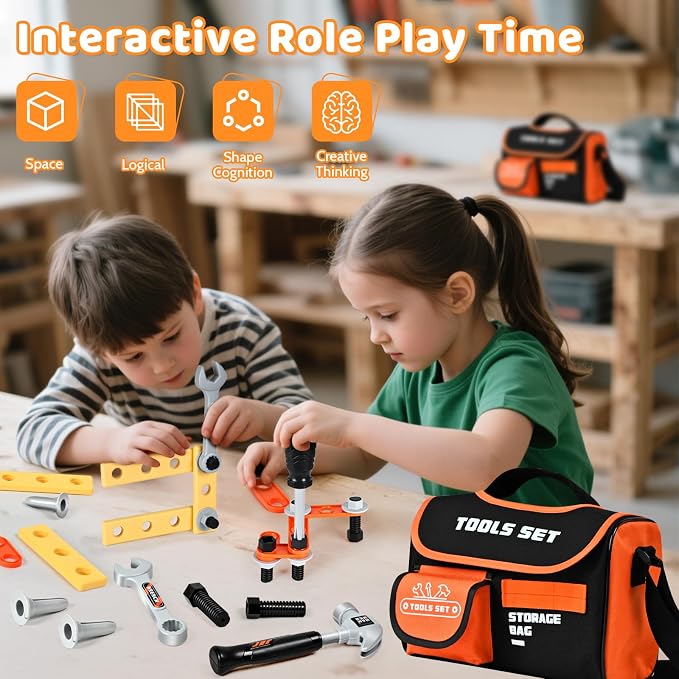 Premium Kids Tool Set, Portable Carrying Bag with Battery Powered Toy Drill, Easy-Grip Pretend Play Toddler Tool Kit, Construction Toys for Boys & Girls Age 3-8, STEM Gifts