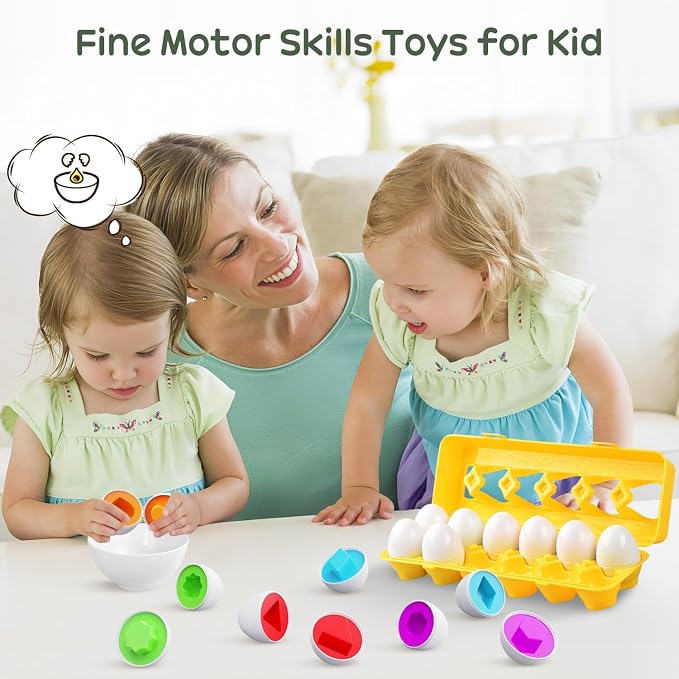 Matching Egg Toy 12 Pcs Develops Toddlers' Color & Shape Recognition Skills | Easter Basket Gift for Boys & Girls, Montessori Travel Toy for Kids 1-3, Fun Sorting Puzzle for Daily Early Education
