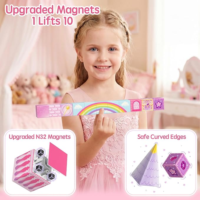 Magnetic Blocks Girls Travel: 355g Unicorn Tin 3 Cones & 4 Wands | 60-Min Princess Role Play for Airplane Activities & Road Trip Essentials Car Games 45s Cleanup Portable Kids Toy for Ages 3-8