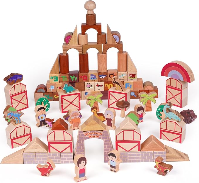 145-Piece Wooden Building Blocks Set –Dinosaur Park –Montessori Educational Construction Toy Made from 10 Premium Hardwoods, STEM Learning Blocks for Toddlers & Kids Ages 3–6
