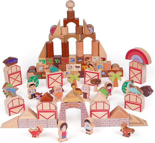 145-Piece Wooden Building Blocks Set –Dinosaur Park –Montessori Educational Construction Toy Made from 10 Premium Hardwoods, STEM Learning Blocks for Toddlers & Kids Ages 3–6