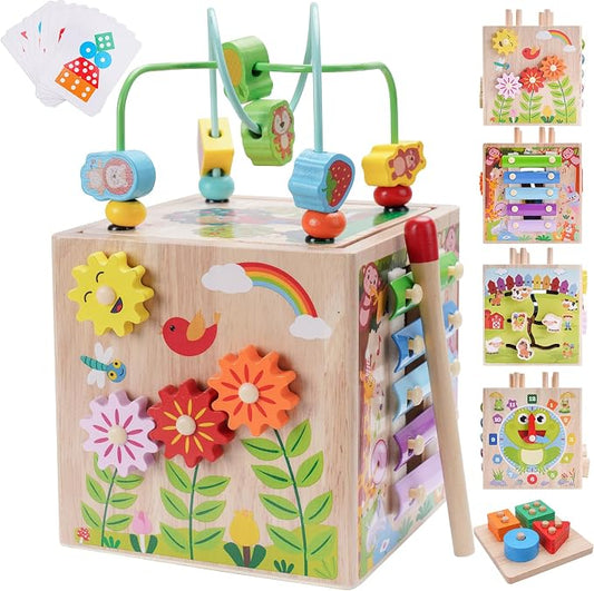 Wooden Activity Cube | Montessori Toys for 1 2 3 Year Old Toddler Gifts | One Year Old 1st First Birthday Gift | Educational Toys for 12+ Months Baby Boys Girls | Bonus Sorting & Stacking Game (Blue)