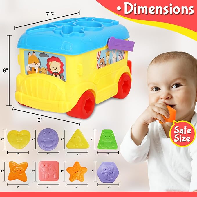 Bus Shape Sorter Toy - Kids Block Sorter with 16 Colorful Shapes - Sorting Toys for Toddlers 1-3 - Creative Play Learning Skills Development