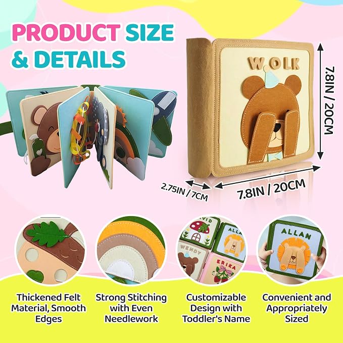 Personalized Montessori Felt Busy Book, Toddlers Quiet Book w/Name | Preschool Early Learning Educational Book for Kids Age 2 3 4 5 6 Years, Kids Gifts for Birthday Easter Thanksgiving Christmas