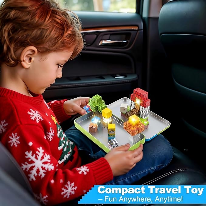 Magnetic Blocks 45 PCS Mini Travel Building Blocks with Iron Case Farm | Travel Toy for Airplane Plane Car Road Trip, STEM Learning Portable Building Toys Boys & Girl, Gift for Toddler Kids Ages 3-5