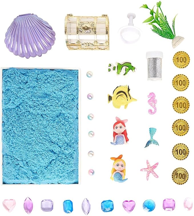 38 PCS Mermaid Sensory Bin with 2 lb Magic Sand, Ocean Molds & Treasure Accessories – Creative Sand Play Gift for Girls Ages 3–8