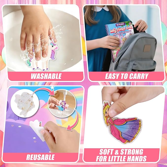 Jelly Sticker Book for Kids 3-5, Reusable Sticker Book for Toddlers | Waterproof Easy to Clean Road Trip Activities, Easter Basket Stuffers & Travel Essentials (Princess)