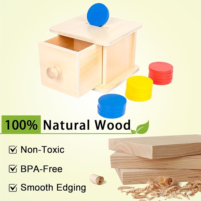 Adena Montessori Wooden Coin Box with Drawer Object Permanence 6-12 Months | Red yellow blue coins. Premium wood smooth. Explore opening and closing and inserting coins. Learning gift.