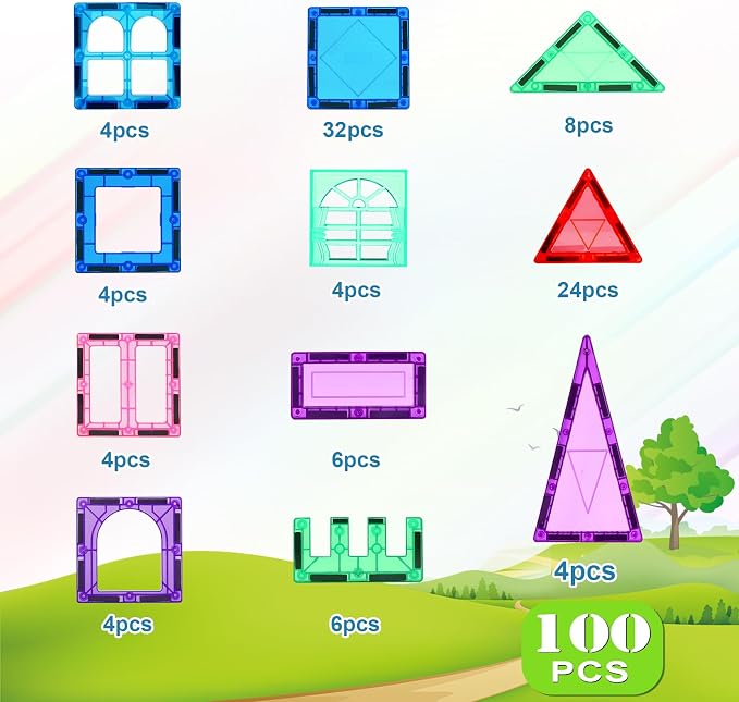 Mruikeny 100PCS Magnetic Tiles Kids Toys - Magnetic Building Blocks | STEM Magnet Building Set Preschool Learning Magnet Toys for Kids Ages 3-5 4-8, Sensory Montessori Toy for Toddlers 3+ Years