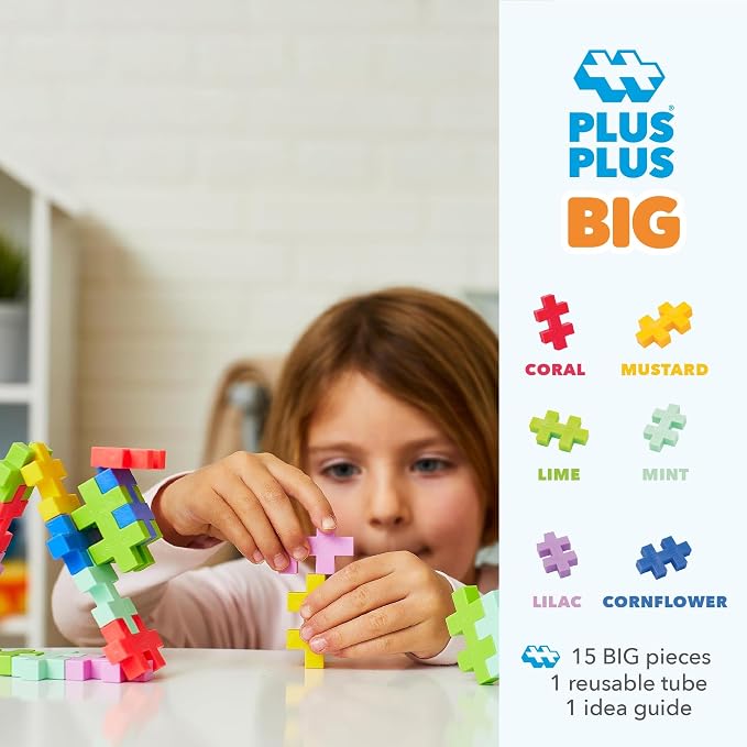 PLUS PLUS Big 15 Piece Tropical Mix - Large Building Blocks for Toddlers | Quiet Stem Toys for Toddlers, Prek Classroom Essentials, Waffle Blocks Jumbo, Stem Bins for Classroom, Sensory Bins
