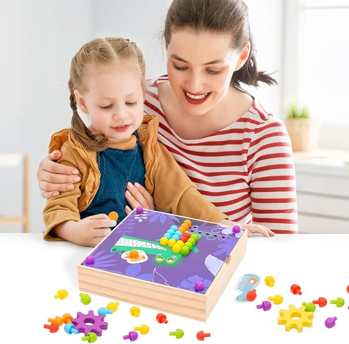 Button Art Toy for Toddlers Wooden Mosaic Pegboard Toy Color Matching Toy Fine Motor Skill with Box 180 Buttons 10 Pictures Montessori Early Development Toy for Toddlers Boys Girls 1 2 3 4 5 6