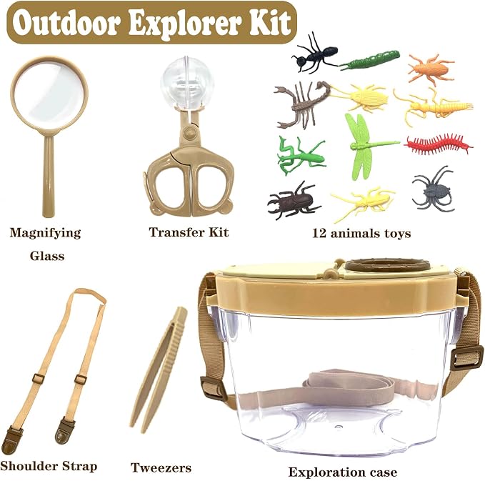 Bug Catcher Kit for Kids, 16 Pcs Kids Bug Catching Kits, Outdoor Nature Explorer Kit, Science Educational Kits with Tweezers, Magnifying Glass for Boys Girls(Gold)