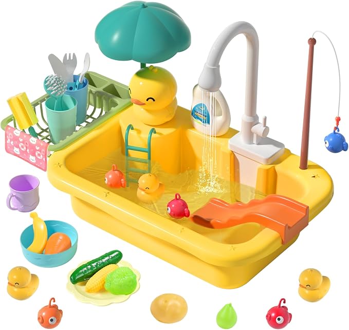 CUTE STONE Play Sink with Running Water, Kitchen Sink Toys for Pretend Play | Play Food, Kitchen Utensils, Pool Floating Toy for Fishing Game, Children Electric Dishwasher Toy Gift for Kids Boys Girls